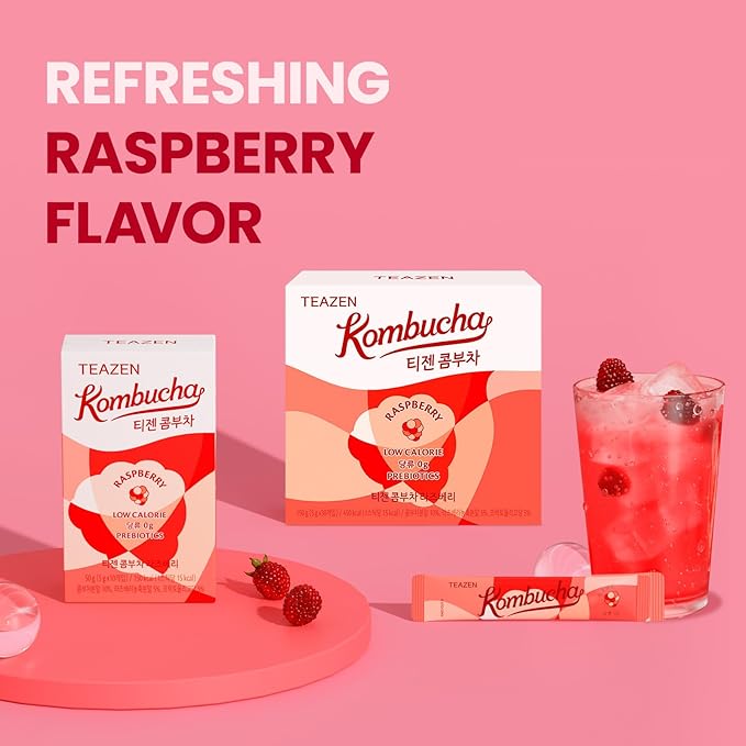 TEAZEN Raspberry Kombucha Tea, Hydration Drink Mix, Sugar Free, Live Probiotics & Prebiotics, 30 Sticks, 5.29oz-StrideForce Fitness