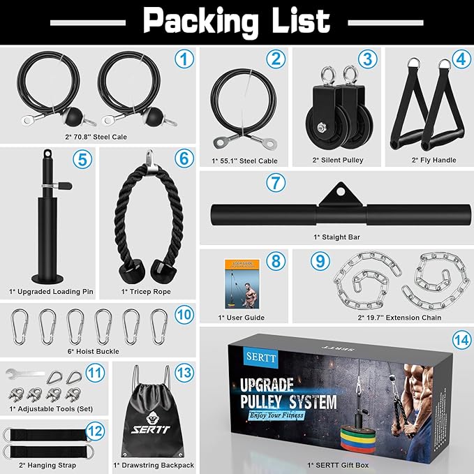 SERTT Weight Cable Pulley System Gym, Upgraded Cable Pulley Attachments for LAT Pull Down, Biceps Curl, Tricep, Arm Workouts - Home Gym Add On Equipment-StrideForce Fitness