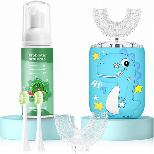 Kids Electric U Shaped Toothbrush,Kids Dinosaur Sonic Full Mouth Toothbrush with 4 Soft Brush Head Automatic 6 Cleaning Modes IPX7 Waterproof 360 Degree Cleaning - Age8-15 Watermelon Blue