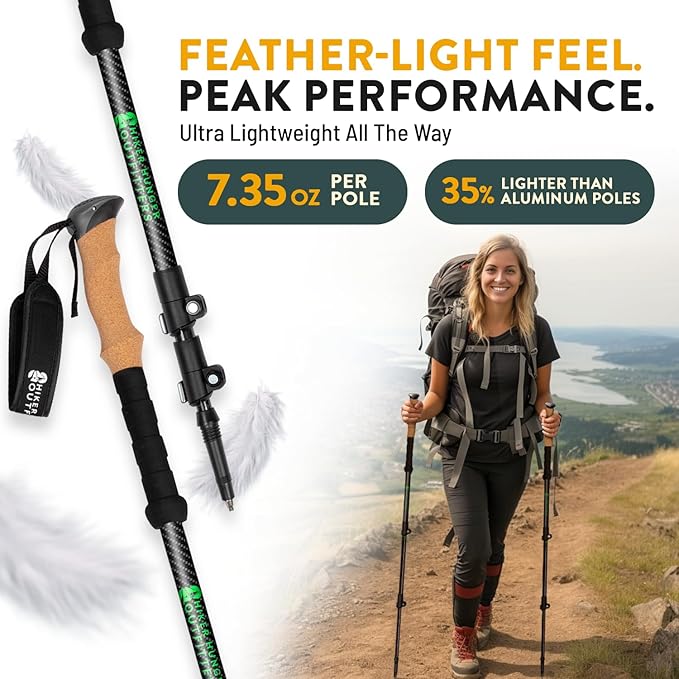 100% Carbon Fiber Trekking Poles by USA Brand - Ultra Strong Lightweight Collapsible Hiking Poles with Cork and EVA Foam Grips & Quick Adjustable Flip Locks-StrideForce Fitness