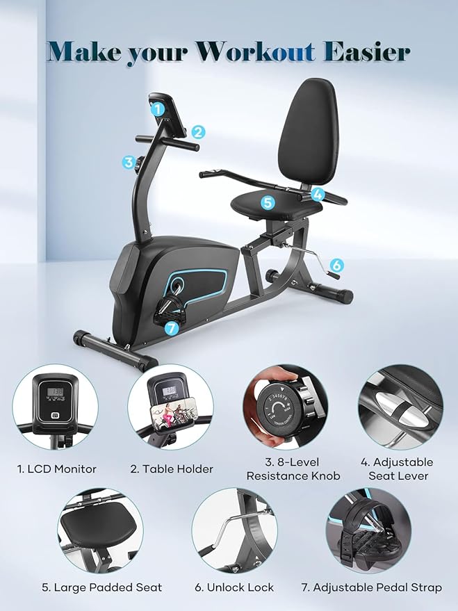 Exercise Bike Recumbent Exercise Bike for Home Stationary Bike Sturdy Quiet 8 Levels Large Comfortable Seat Heart Rate Handle & Device Holder 300 LB Weight Capacity-StrideForce Fitness