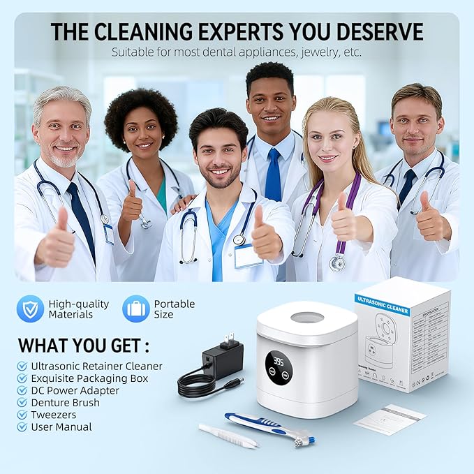 TEBAL Ultrasonic Retainer Cleaner Machine, 52kHz Ultrasonic Denture Cleaner for Night Guards, Braces, Toothbrush Heads, Jewelry and More, Ultrasonic Cleaner for Retainers with 250ML Capacity, White