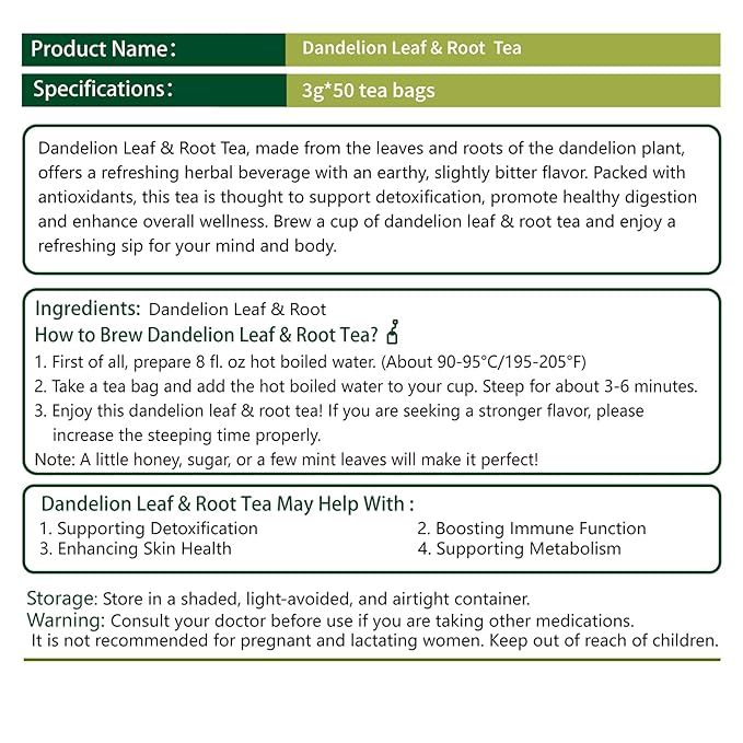 Samcci - Dandelion Leaf & Root Tea bags, 50 Teabags, Natural Roasted Dandelion Herbal Tea for Liver & Kidney Health, Support Digestion & Enhance Immune System, Caffeine Free-StrideForce Fitness