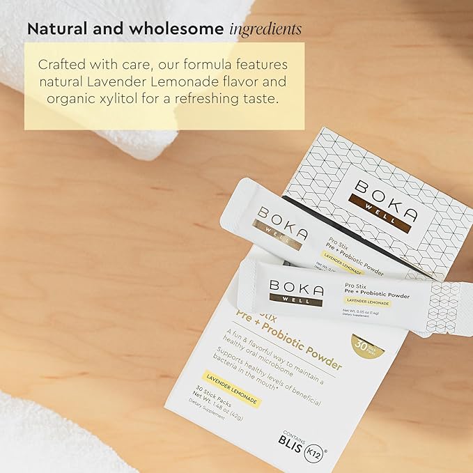 Boka Pro Stix Oral Probiotics for Mouth Bad Breath - 30ct Dental Probiotics Powder, Oral Health Pre + Probiotics for Teeth and Gums, BLIS K12 Oral Probiotic for Healthy Gum Health, Lemonade Lavender