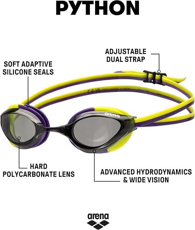 ARENA Unisex Python Racing Swim Goggles for Men and Women Anti-Fog No Leak Max Comfort Dual Strap, Mirror/Non-Mirror Lens-StrideForce Fitness