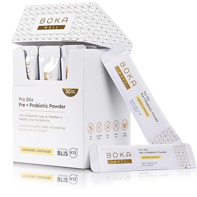 Boka Pro Stix Oral Probiotics for Mouth Bad Breath - 30ct Dental Probiotics Powder, Oral Health Pre + Probiotics for Teeth and Gums, BLIS K12 Oral Probiotic for Healthy Gum Health, Lemonade Lavender
