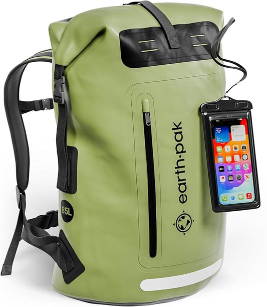 Earth Pak Waterproof Backpack - Heavy Duty Hiking Backpack - Roll-Top Closure Bag - Cushioned Dry Bag Waterproof Phone Case-StrideForce Fitness