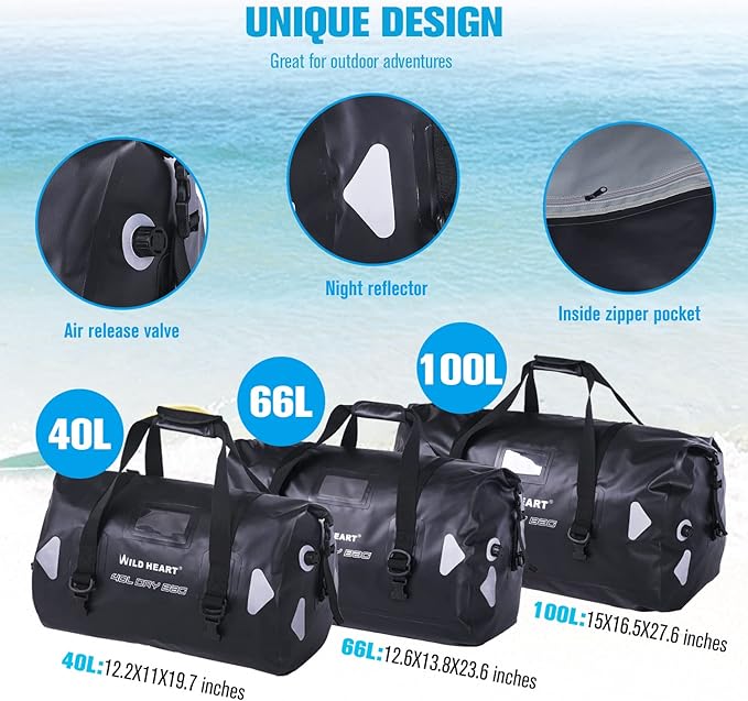 WILD HEART Waterproof Motorcycle Duffel Bag PVC500D Double-bottom With Rope Straps and Inner Pocket 40L 66L 100L for Kayaking, Camping, Boating,Motorcycle-StrideForce Fitness