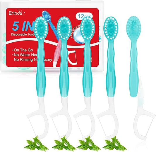 Erinde 5 in 1 Mini Disposable Toothbrushes with Toothpaste + Tongue Scraper + Picks + Floss Travel Case, Prepasted Travel Toothbrushes Pick for Work or Travel, Soft Brushes, 12 Count (Green Tea)