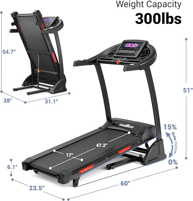 THERUN Incline Treadmill for Running and Walking, 300 lbs Weight Capacity Folding Treadmill with 0-15% Auto Incline, Wide Belt, 3.5HP, App, Heart Rate-StrideForce Fitness