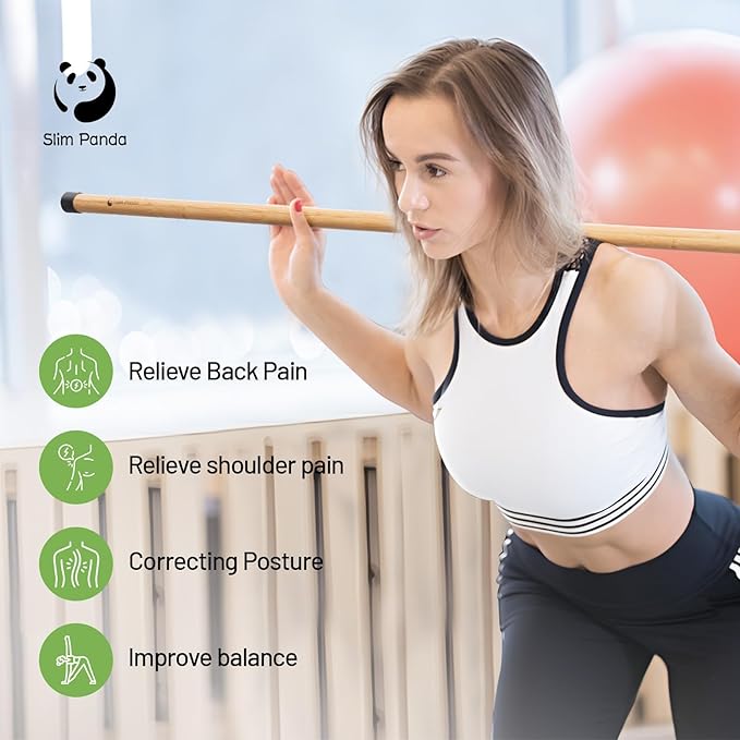 Slim Panda Yoga Stick, 5ft Natural Bamboo Stick with Rubber Ends, Exercise Stretching Stick for Yoga, Stretching, Balance and Correcting Posture, Rehabilitation Physical Therapy Aids-StrideForce Fitness