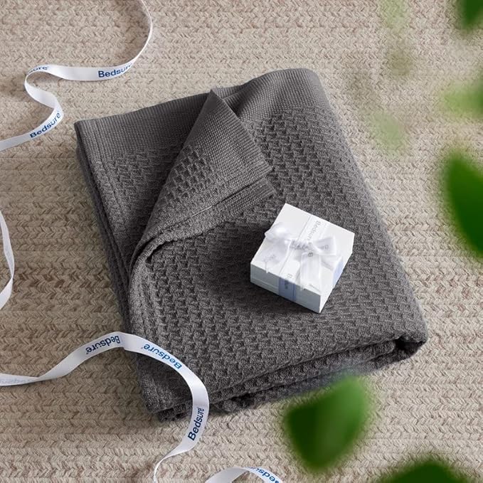 Bedsure 100% Cotton Blanket Twin XL Size for College Dorm - Breathable and Soft, Waffle Weave Twin Blanket for Summer, Dorm Room Essentials, Dark Grey, 66x90 inches-StrideForce Fitness