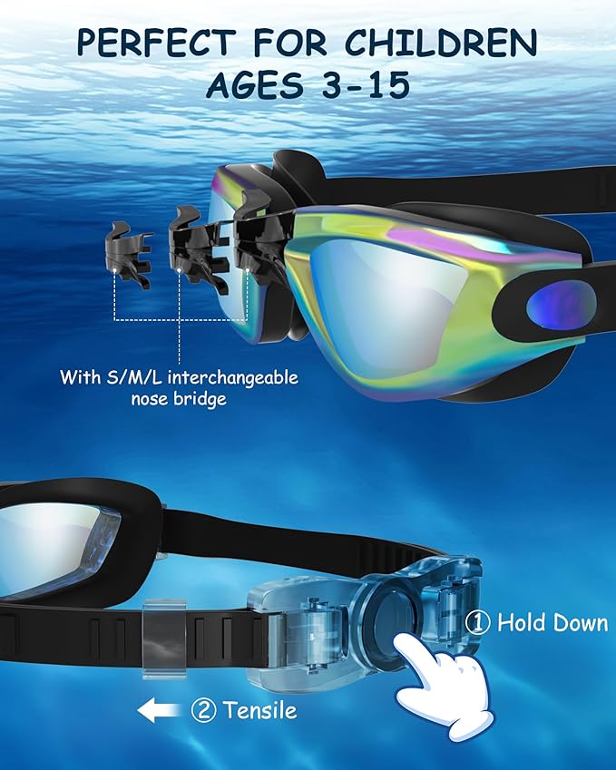 Kids Swim Goggles, Swimming Goggles for Kids Toddlers 3-14 with Swim Cap, Nose Clip, Nose Bridge, Ear Plugs-StrideForce Fitness