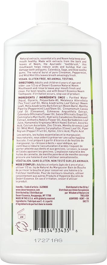 Desert Essence Alcohol-Free Mouthwash with Tea Tree Oil and Aloe, Sugar-Free, Oral Rinse to Fight Bad Breath & Dry Mouth, Vegan, Non-GMO, SLS-Free, Gluten-Free, Cinnamint Flavor, 16oz