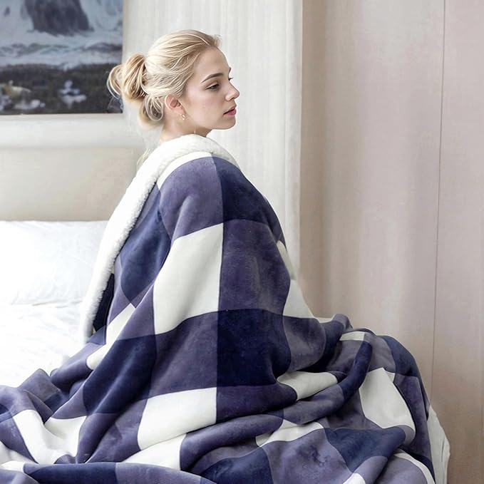 PU MEI Sherpa Blanket Fleece Throw Blanket Twin Plaid Thick Bed Blanket, Soft Warm Cozy Blue Checkered Throw Blanket 60"*80"-StrideForce Fitness
