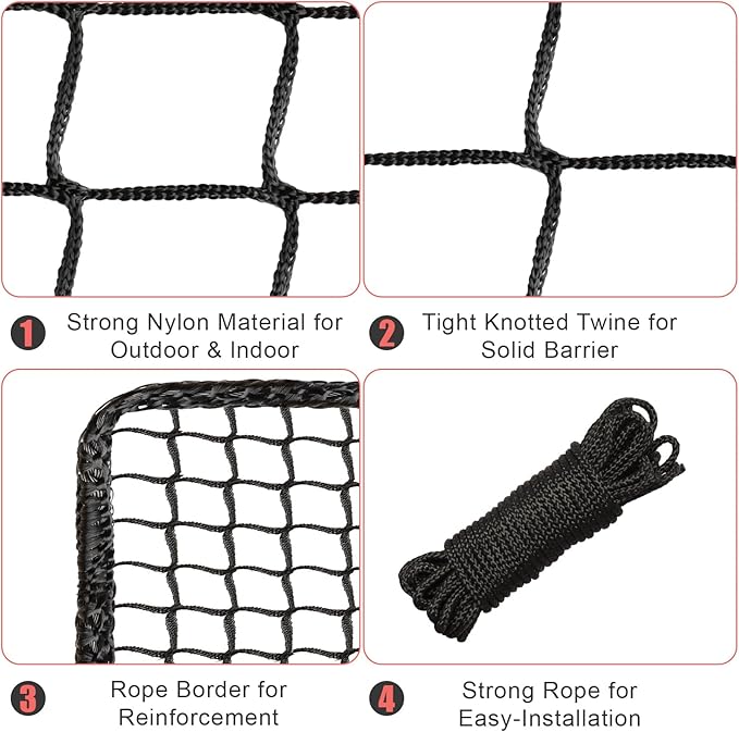 Storgem Baseball Softball Backstop Nets, Sports Netting, Sports Barrier Netting, Heavy Duty Sports Nets Netting Knotless for Playing Field, Backyard or Garage-StrideForce Fitness