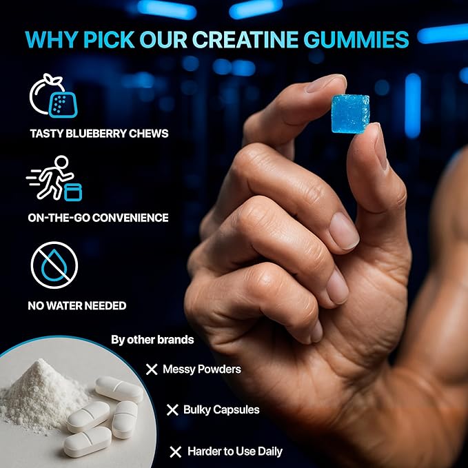 Creatine Monohydrate Gummies 8500mg Complex for Men & Women - Pre Workout Creatine Chews for Muscle Growth, Strength & Energy, Sugar Free, Vegan, Blueberry Flavor - 120 Count-StrideForce Fitness