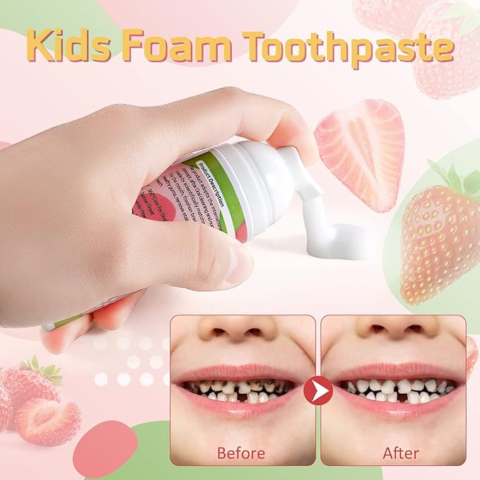 Foam Toothpaste Kids 2PCS, Toddler Toothpaste Cavity Protection, Clean and Whitening, 360ºCare, Portable, Kids Foam Toothpaste with Fluoride for Electric & U-Shape Toothbrushes（Strawberry）