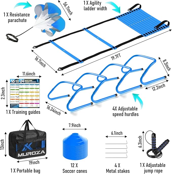 Agility Ladder, Speed Training Equipment Set, 20ft Agility Ladder, 12 Soccer Cones, 4 Hurdles, Jump Rope, Running Parachute, Basketball Football Soccer Training Equipment for Kids, Youth, Adults-StrideForce Fitness
