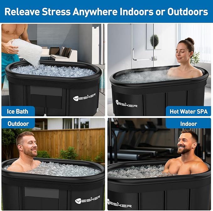 Yesker 110 Gal Oval Ice Bath Tub with Air Ring, Portable Multi-Layered Cold Plunge Tub with Lid for Athletes, Foldable and Inflatable, One Person Hot Bathtub at Gym, Yard, Home, Outdoors Use-StrideForce Fitness