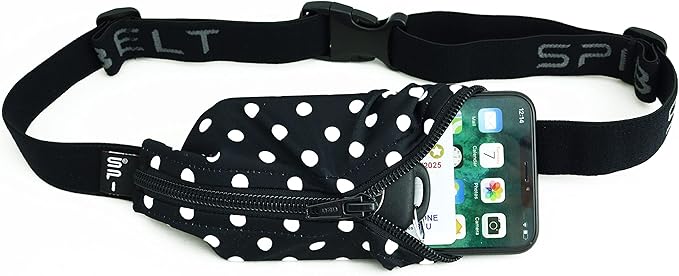 SPIbelt Running Belt for Women Men, Phone Holder for Running, Running Fanny Pack, Holder for Phone, Running Waist Pack, Adjustable Waist, [Fits All Phones]. Black White Polka Dot/Black Zipper-StrideForce Fitness