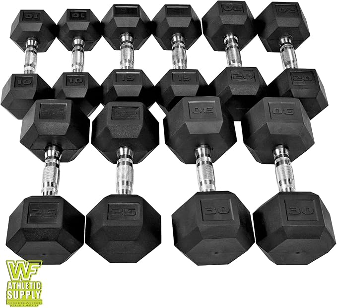 WF Athletic Supply Rubber Coated Hex Dumbbell Set with Two Tier Premium Storage Rack Built for Strength Building, Weight Loss & Home Gym ??Multiple Sets Available