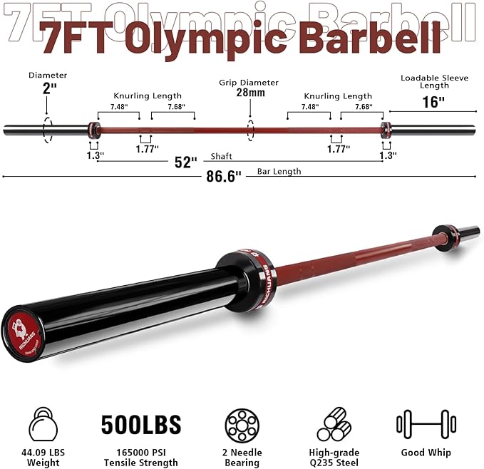 Olympic Barbell 45lb (20kg) - 7ft Bearing Spin Bar for Weightlifting and Strength Training,Ceramic Coating,500 LBS Capacity,28mm High Whip,Fits 2" Plates,for Home Gym-StrideForce Fitness