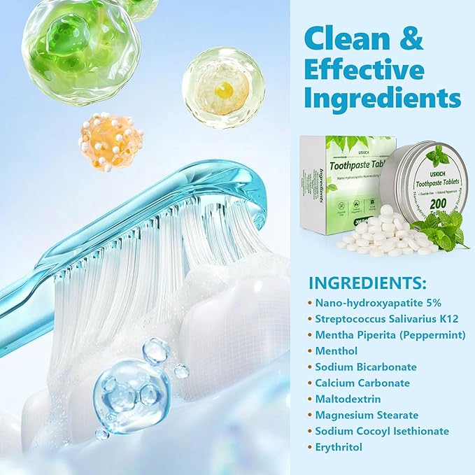 200 Pcs Toothpaste Tablets - Nano Hydroxyapatite Natural Whitening, Reduce Sensitivity,Fluoride & Plastic Free, Eco Friendly & Travel Mouthwash Tablets