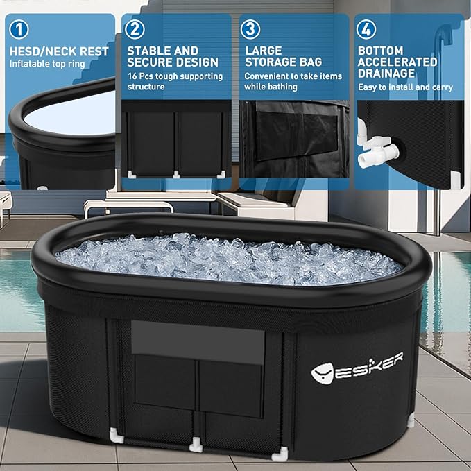 Yesker 110 Gal Oval Ice Bath Tub with Air Ring, Portable Multi-Layered Cold Plunge Tub with Lid for Athletes, Foldable and Inflatable, One Person Hot Bathtub at Gym, Yard, Home, Outdoors Use-StrideForce Fitness