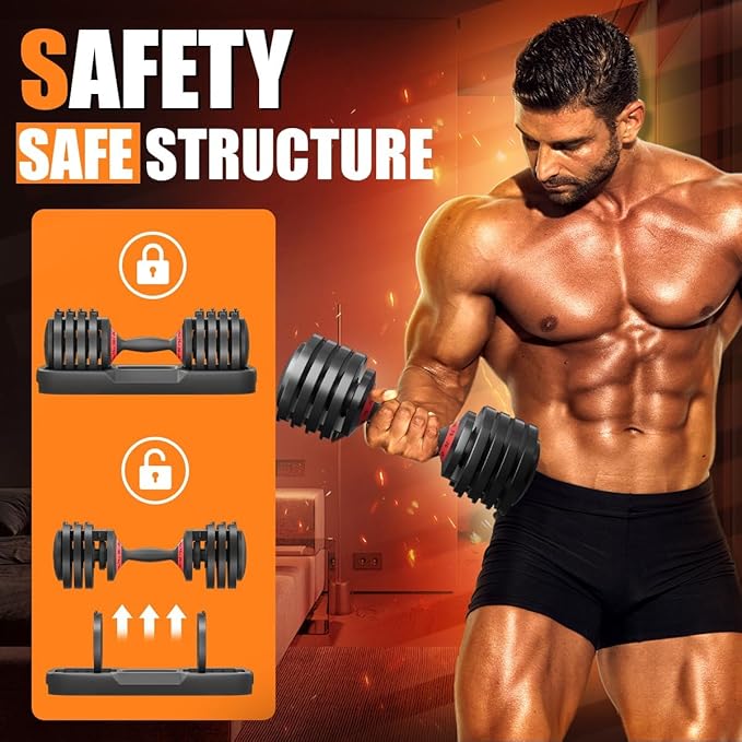 VEICK 25/55 lbs Adjustable Dumbbell with Anti-Slip Turning Handle, Fast Adjust Weight for Men Women, Exercise Equipment with Tray for Home Gym Full Body Workout Fitness-StrideForce Fitness