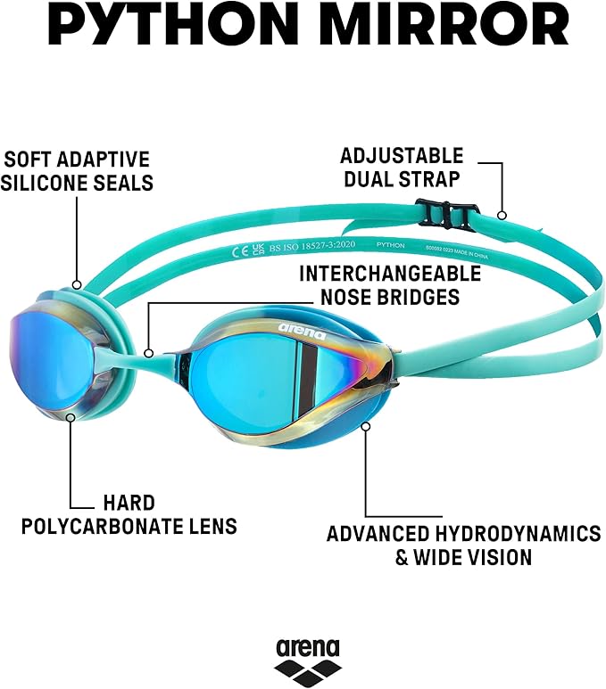 ARENA Unisex Python Racing Swim Goggles for Men and Women Anti-Fog No Leak Max Comfort Dual Strap, Mirror/Non-Mirror Lens-StrideForce Fitness