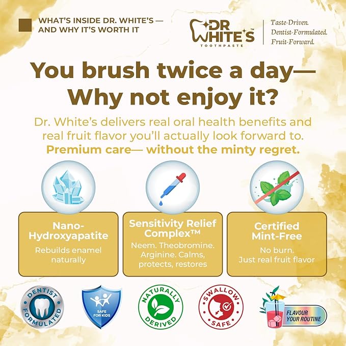 Dr. White’s Fluoride-Free nHA Toothpaste; Dentist-Formulated, Nano Hydroxyapatite + Xylitol, Sensitivity Relief Complex™, Mint-Free, Enamel Safe, Swallow-Safe (3.5 Oz, Pure Pineapple)