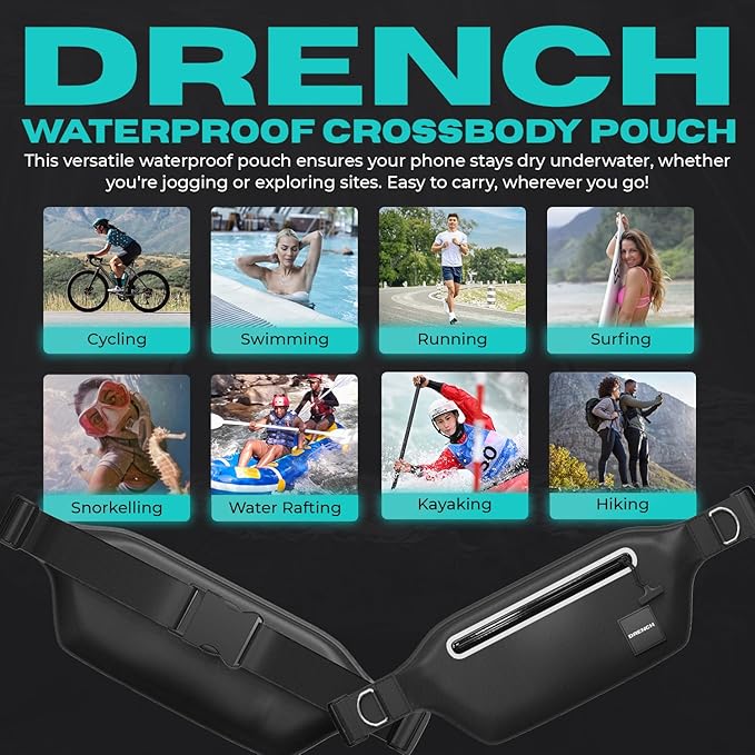 DRENCH 100% Underwater Waterproof Fanny Pack. Waist Pack. Submersible Waterproof Phone Pouch. Dry Bag for Swimming & Snorkelling. Underwater Phone case. (black with 2 rings)-StrideForce Fitness