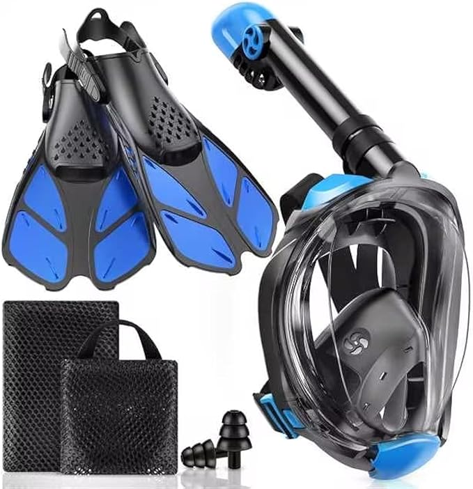 Mask Fins Snorkeling Gear for Adults, Full Face Snorkel Mask & Adjustable Swim Fins Snorkel Set, Panoramic View Snorkel Mask Dry Top Anti-Fog Anti-Leak-StrideForce Fitness