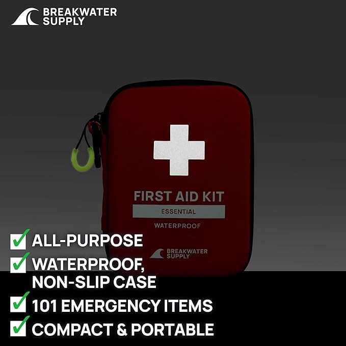Breakwater Supply™ First Aid Kit for Car, Home, Office, Travel, Dorm, Businesses, 101 Piece HSA FSA Household & AirBNB Essentials Medical Kit & Emergency Supplies with Ice Pack + Waterproof Case Red-StrideForce Fitness