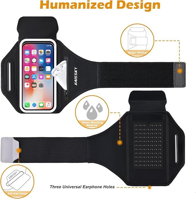 Running Armband with Earphone Bag Cell Phone Armband for iPhone 16 15 Pro 14 Plus 13 11 XR XS, Galaxy S24/S10 Water Resistant Sports Phone Holder Case & Zipper Slot Car Key Holder for 6.9 inch Phone-StrideForce Fitness
