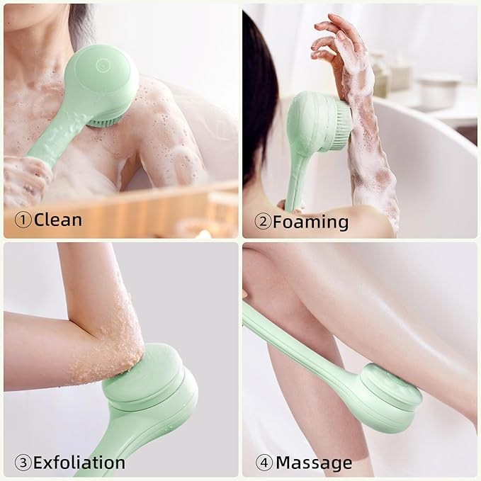 Electric Body Brush Back Scrubber for Shower, Waterproof Long Dual Handle Power Body Scrubber with 3 Heads, Rechargeable Bath Brush & 2 Speeds, for Cleansing, Exfoliating and Massaging Skin-StrideForce Fitness