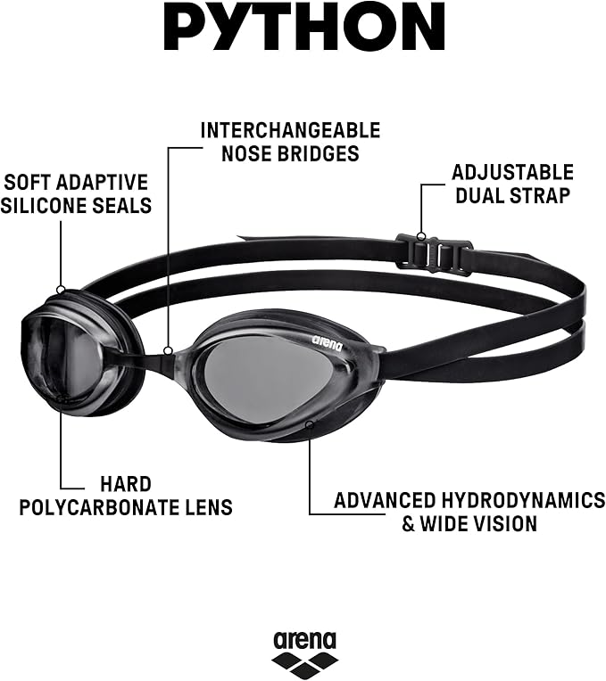 ARENA Unisex Python Racing Swim Goggles for Men and Women Anti-Fog No Leak Max Comfort Dual Strap, Mirror/Non-Mirror Lens-StrideForce Fitness