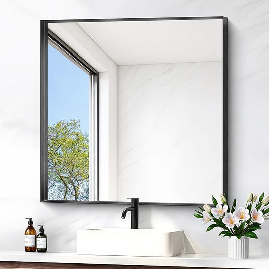 Black Bathroom Mirror, 30x30 Inch Rectangular Framed Mirror, Large Wall Mounted Bathroom Vanity Mirror Over Sink for Bedroom,Restroom, Living Room, Hangs Vertically or Horizontally-StrideForce Fitness