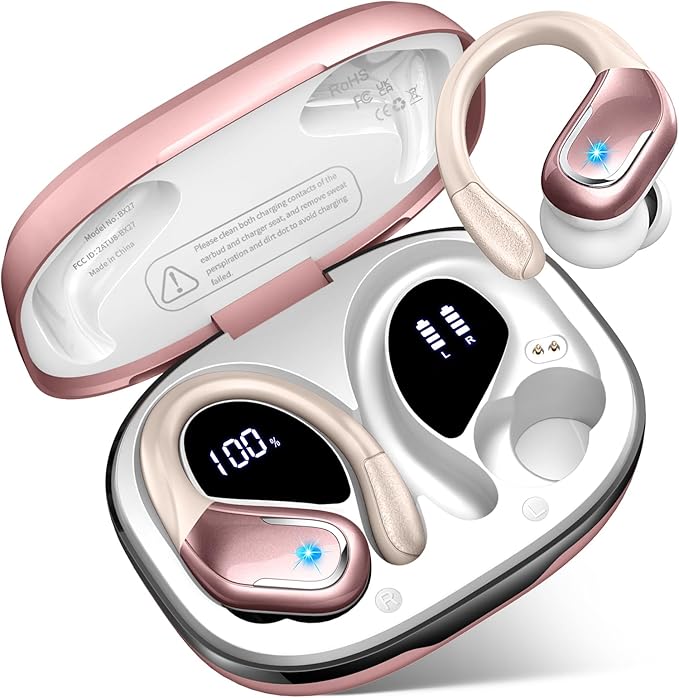 Wireless Earbud, Bluetooth 5.4 Headphones IP7 Waterproof for Sport, 75H Running Wireless Earphones with ENC Noise Canceling Mic, Deep Bass Over Ear bud with Earhooks for Android/iOS, Workout, Wine Red-StrideForce Fitness