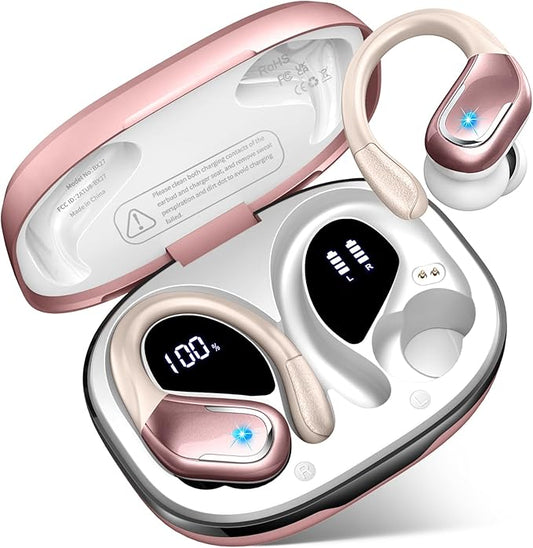 Wireless Earbud, Bluetooth 5.4 Headphones IP7 Waterproof for Sport, 75H Running Wireless Earphones with ENC Noise Canceling Mic, Deep Bass Over Ear bud with Earhooks for Android/iOS, Workout, Wine Red-StrideForce Fitness