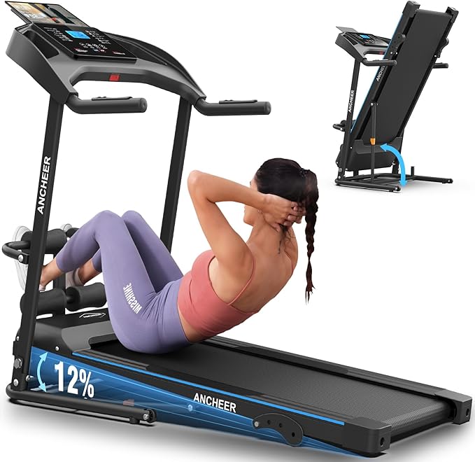 ANCHEER Foldable Treadmill with Sit Up Bench, 2025 Upgrade 3.5HP Portable Treadmills for Home with Incline 350 lbs Capacity, Smart LCD Display Body Fat& Heart Rate, Multifunction Exercise Equipment-StrideForce Fitness