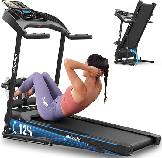ANCHEER Foldable Treadmill with Sit Up Bench, 2025 Upgrade 3.5HP Portable Treadmills for Home with Incline 350 lbs Capacity, Smart LCD Display Body Fat& Heart Rate, Multifunction Exercise Equipment-StrideForce Fitness