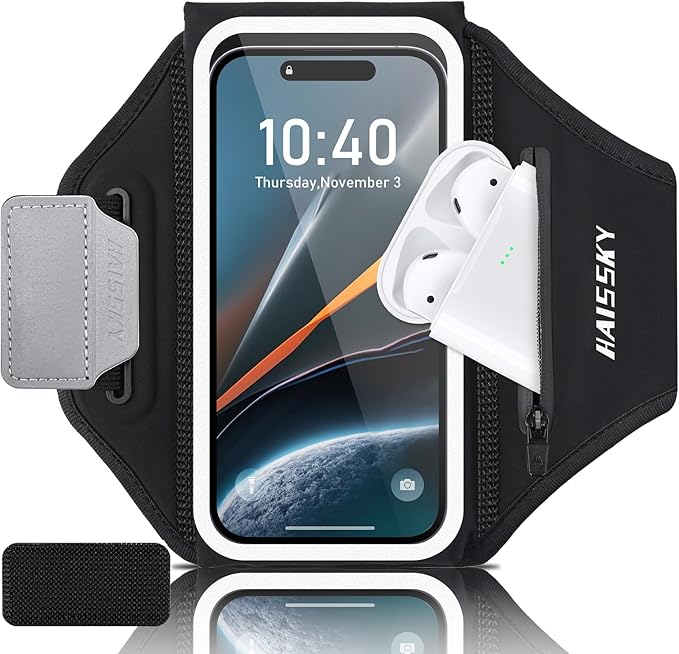Running Phone Armband with Earphone Holder - 3D Design Cell Phone Armband for iPhone 15/14/13 Pro/Plus & Galaxy S20/S10, Water Resistant Sports Phone Holder with Key Slot for 6.9" Device-StrideForce Fitness