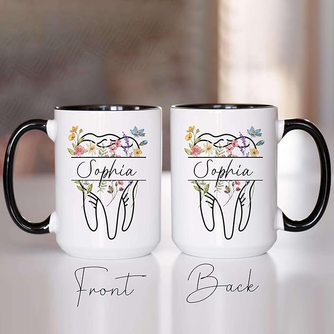 Personalized Floral Dentist Dental Hygiene Mug - Dental Assistant Mug - Dental Nurse Orthodontics Graduation Gift - Dentist Custom Name 11Oz 15Oz (DENTAL-M2)