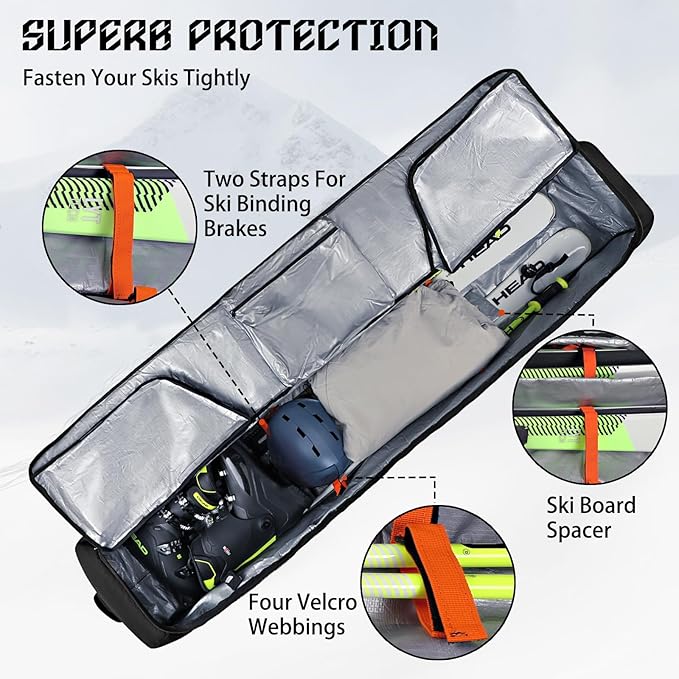 Goloni Ski Bag with Wheels,Padded Snowboard Bag for Air Travel,600D Waterproof Fabric,Foldable Snow Bag Fits 2 Pairs Skis-StrideForce Fitness