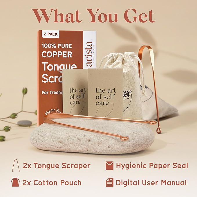 Arista 100% Copper Tongue Scraper for Adults & Kids – Metal Tongue Scraper Copper for Bad Breath, Oral Care & Hygiene – 2 Pack with Travel Pouches