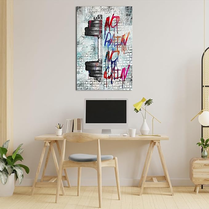 iHAPPYWALL Vintage Inspirational Fitness Quotes Wall Art No Pain No Gain Dumbbells Gym Sport Picture for Home Bodybuilding Room Bedroom Decor Ready to Hang 24x36inch (Grey)-StrideForce Fitness