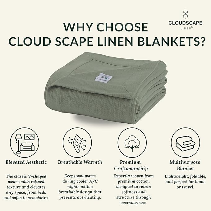 Cloud Scape Linen Herringbone Cotton Throw Blanket for Couch, Bed,Sofa, Home Decor, Soft, Lightweight, All-Season Bed Blanket, 50 x 70, Olive Green-StrideForce Fitness