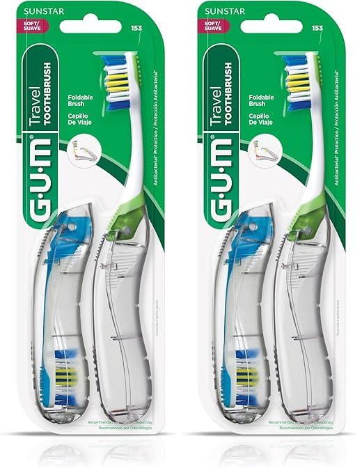 GUM Folding Travel Toothbrush, Compact Head + Tongue Cleaner, Soft Bristled Travel Toothbrushes for Adults, 2ct (Pack of 2)